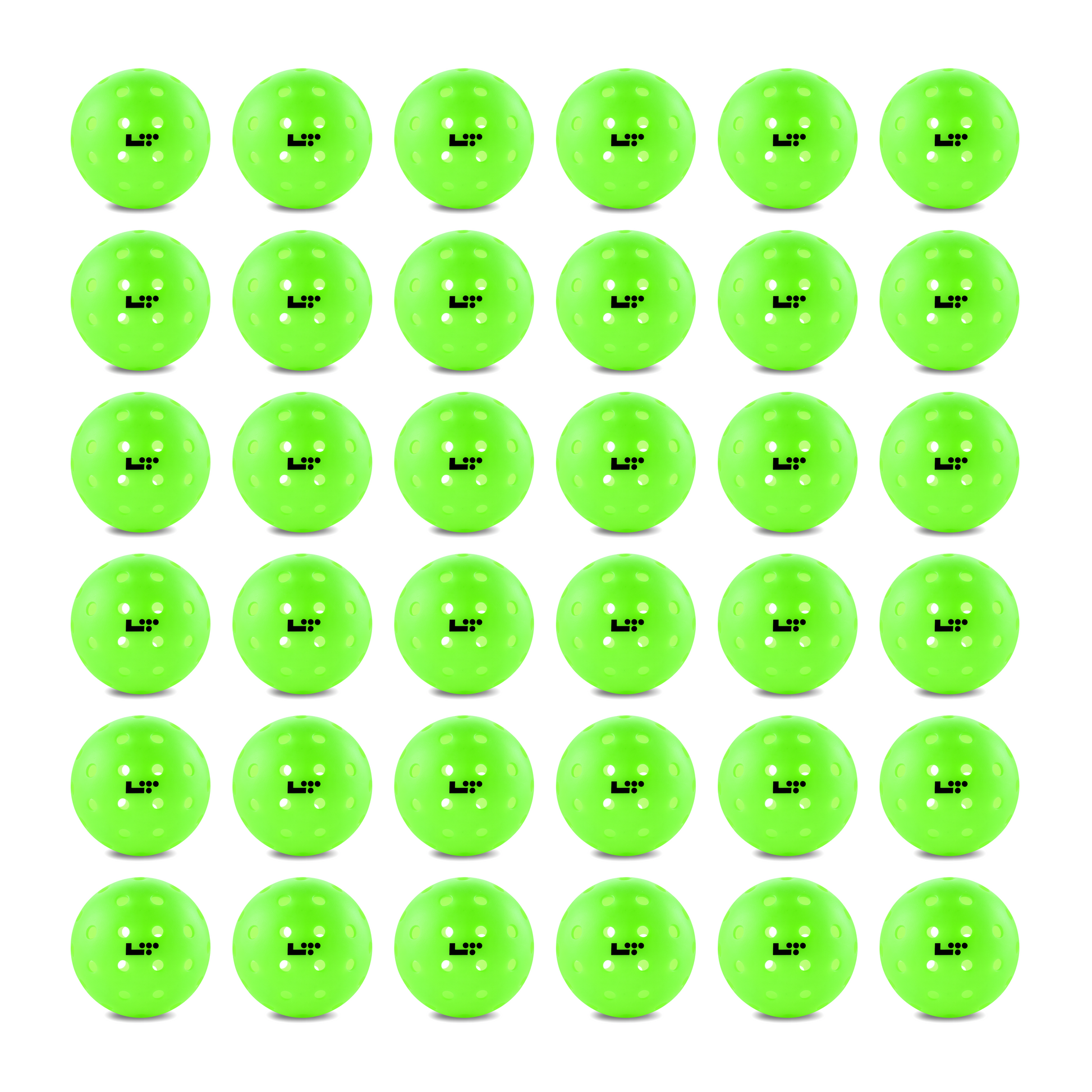A grid of 25 Life Time LT Pro 48 Pickleball Balls by Life Time, each green with "L&P" in black text, is shown in five rows and five columns on a white background.