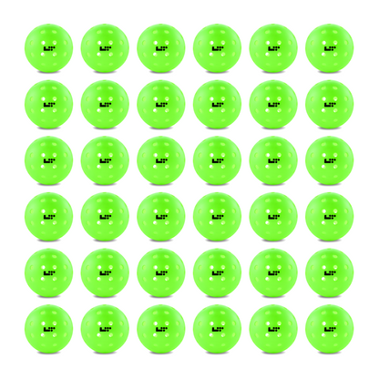 A grid of 25 Life Time LT Pro 48 Pickleball Balls by Life Time, each green with "L&P" in black text, is shown in five rows and five columns on a white background.