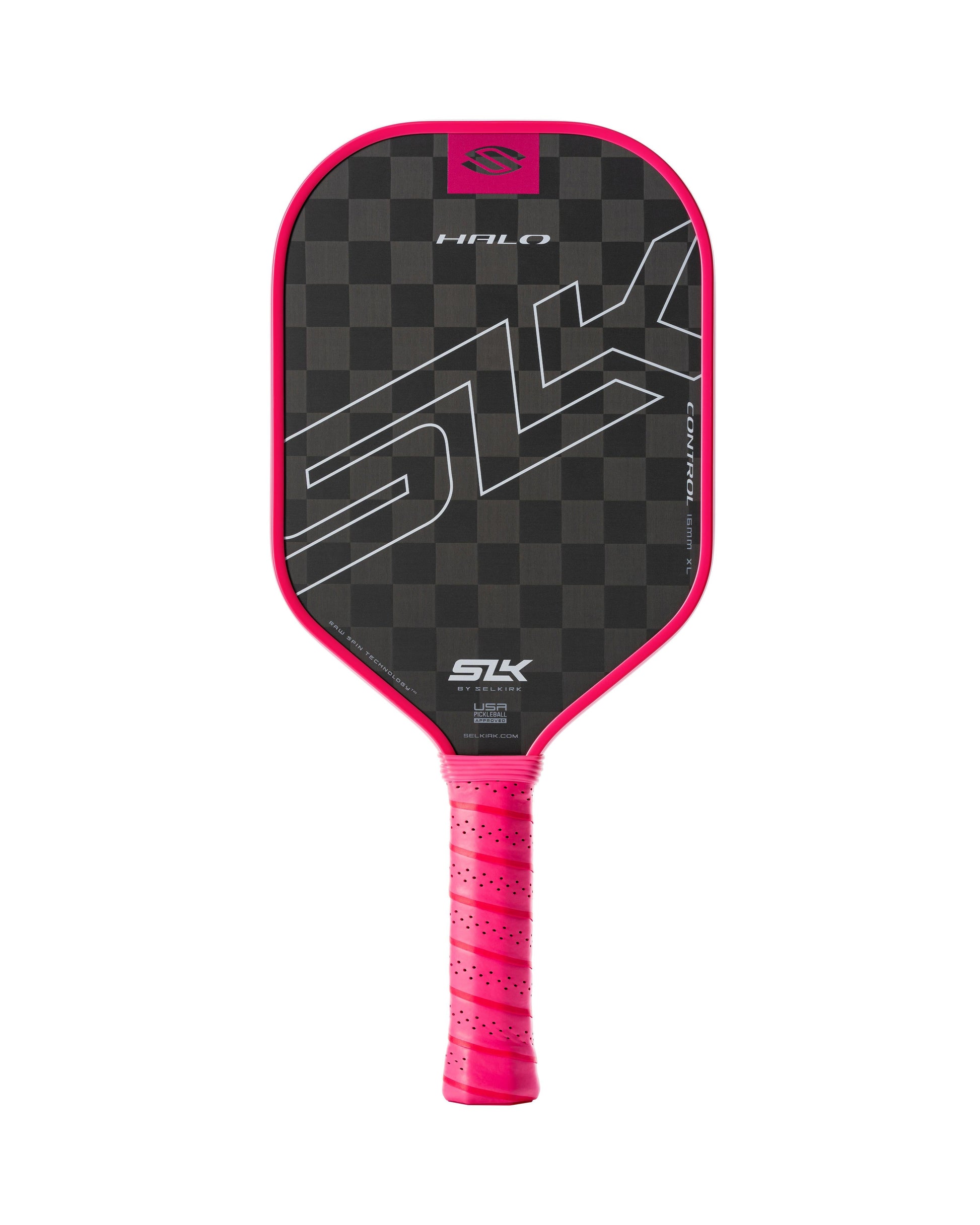 A Selkirk SLK HALO XL Control 16mm pickleball paddle featuring a black, checkerboard-patterned face with a pink edge and a matching grip handle. The brand name "Selkirk" is prominently displayed on the face and handle.