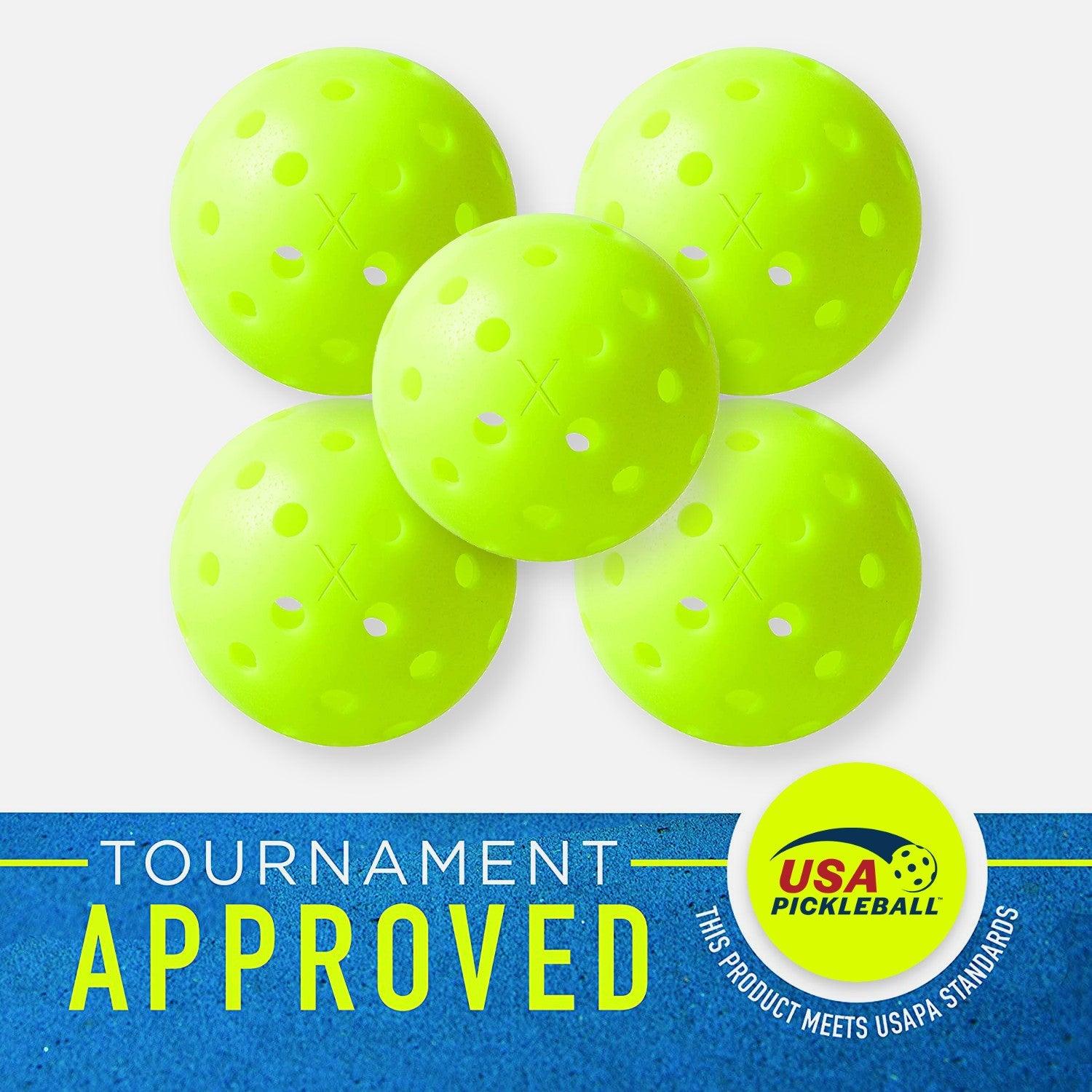 A set of Franklin X-40 Outdoor Pickleball Balls with the words tournament approved.