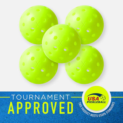 Five Franklin X-40 Outdoor Pickleball Balls in neon yellow with white machine-drilled holes, arranged overlapping each other on a light blue background, labeled "tournament approved" by USAPA.