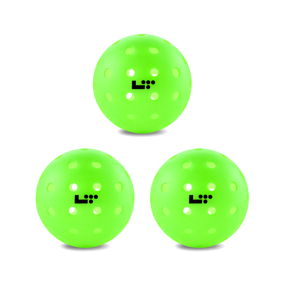 Three vibrant green Life Time LT Pro 48 Pickleball Balls, featuring black logos, are arranged in a triangular formation on a white background, perfectly showcasing the quality of these Life Time brand balls.