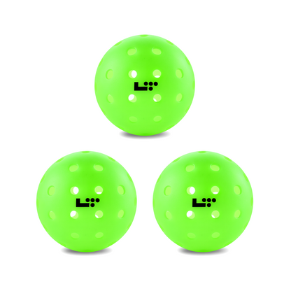 Three vibrant green Life Time LT Pro 48 Pickleball Balls, featuring black logos, are arranged in a triangular formation on a white background, perfectly showcasing the quality of these Life Time brand balls.
