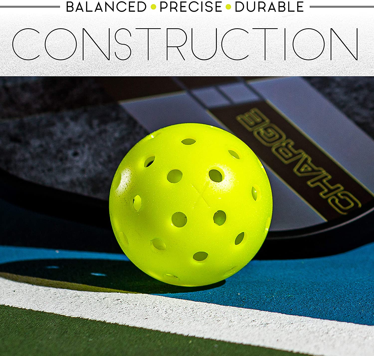 A yellow Franklin X-40 Outdoor Pickleball ball on a tennis court with the words balanced precision durable construction.