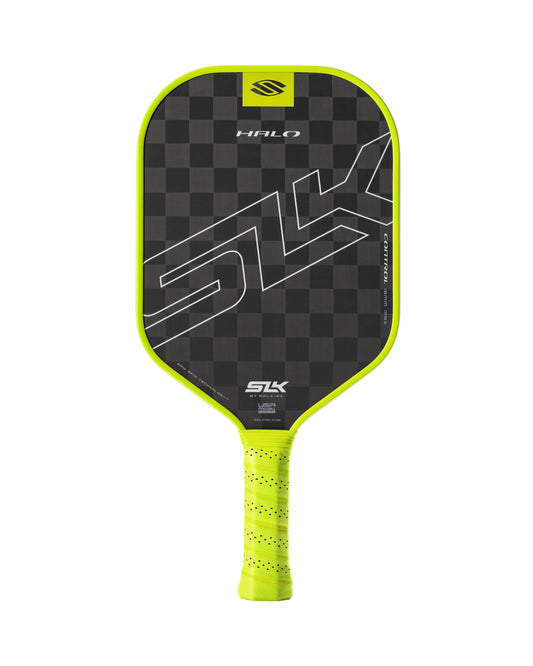 A pickleball paddle branded as "Selkirk," with a black checkered face, neon green edge and handle, featuring the "HULO" text in the center. It is specifically known as the Selkirk SLK HALO Max Control 16mm Pickleball Paddle.