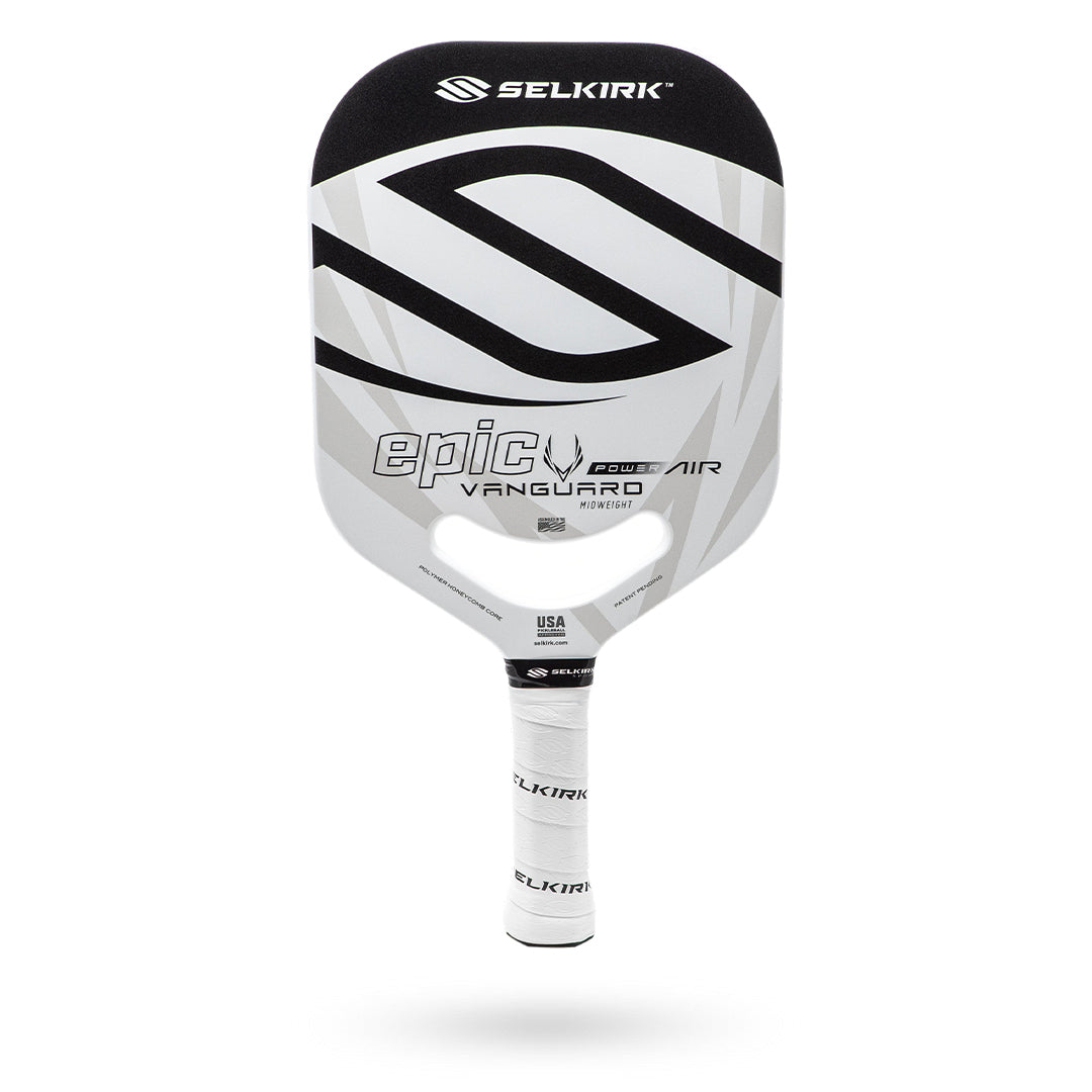 A Selkirk Power Air Epic Pickleball Paddle in white and black on a white background.