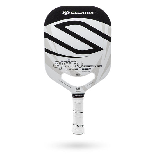 A Pickleballist Selkirk Power Air Epic pickleball paddle with a white, black, and gray design, isolated on a white background.