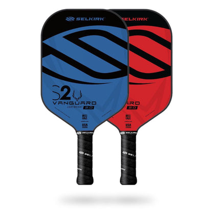 Two Pickleballist Vanguard S2 pickleball paddles, one blue and the other red, with modern design elements and brand logos.