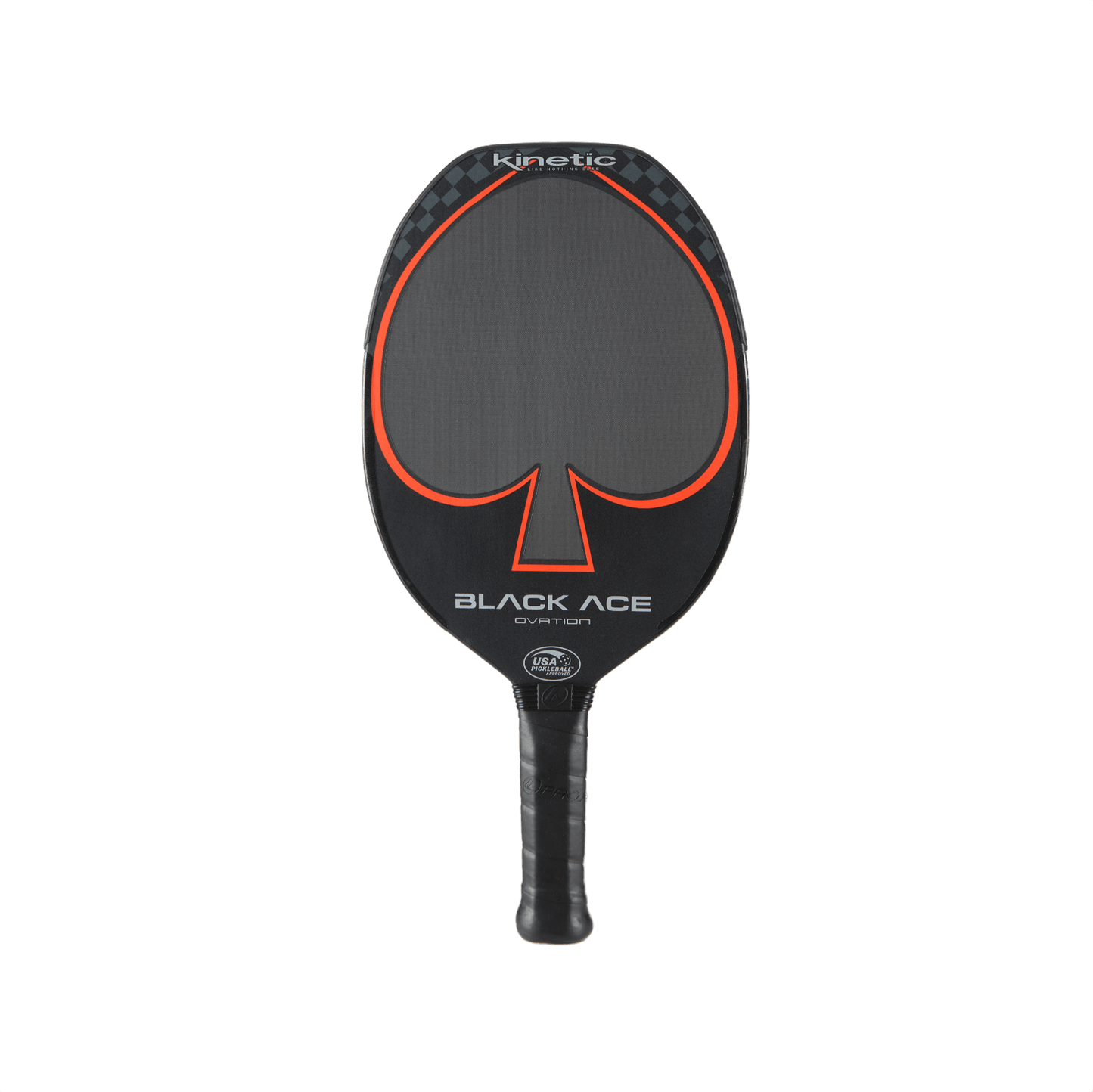 A ProKennex Black Ace Ovation Pickleball Paddle with a large red spade symbol in the center and the text "Black Ace" at the bottom. Brand name "ProKennex" is at the top. The handle is wrapped in black tape.