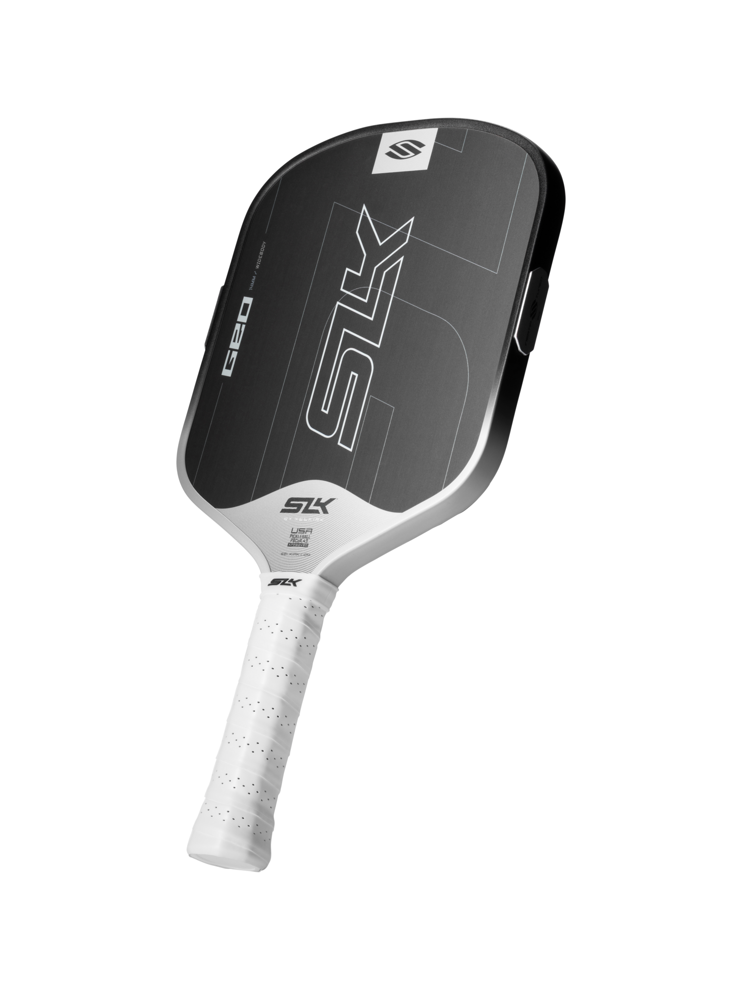 The Selkirk SLK GEO Widebody 14mm Pickleball Paddle by Selkirk, shown in black and white with a white grip handle, appears against a plain white background.