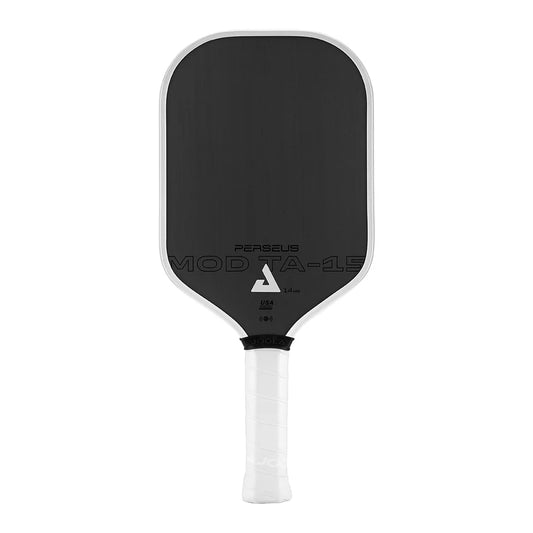 A black pickleball paddle with white edges and a white handle, branded with "JOOLA" and "Perseus MOD TA-15 14mm".