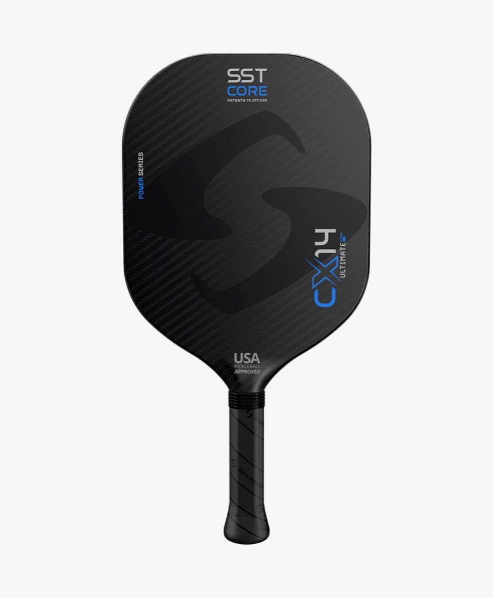 A black Gearbox CX14H Ultimate Power Pickleball Paddle showcasing Power Band Technology on a white background.
