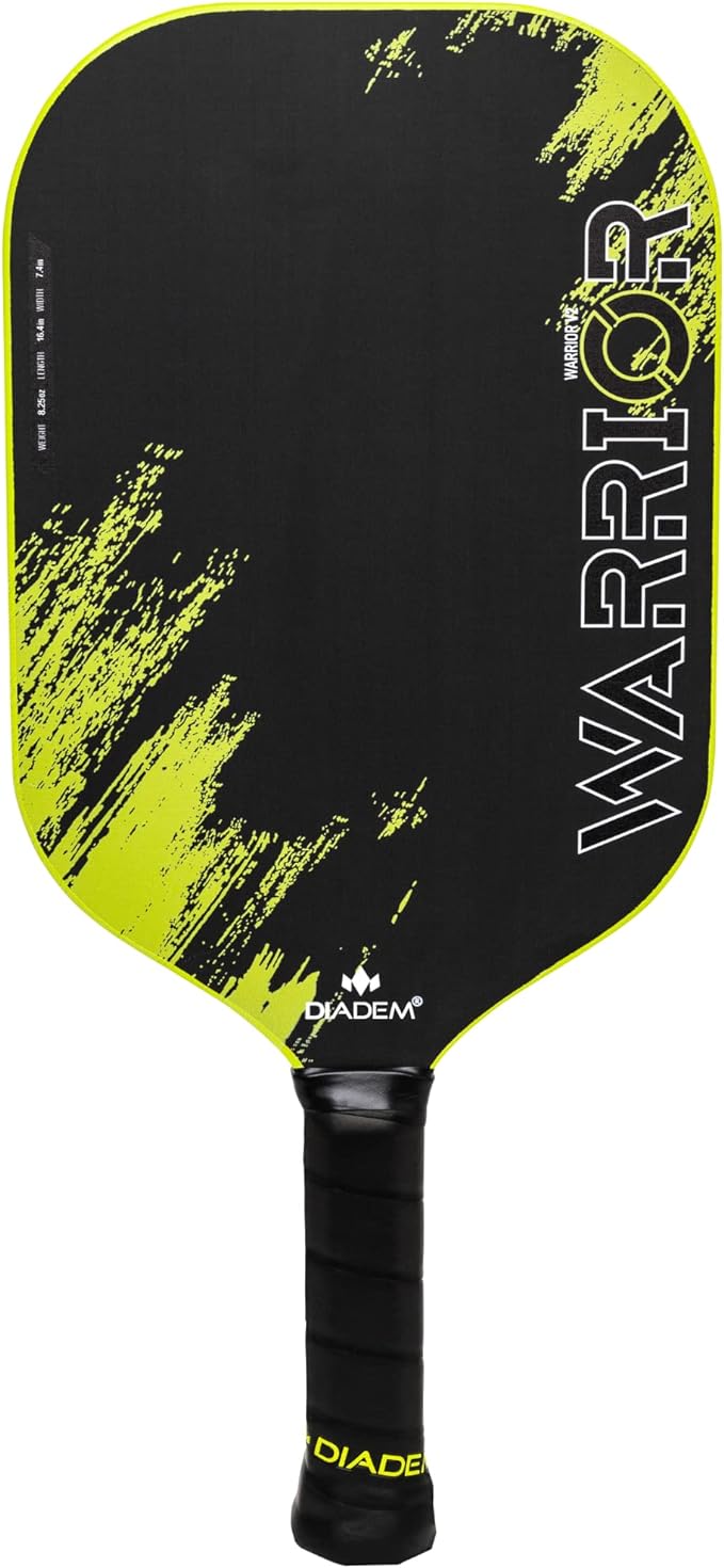 A black and yellow Diadem Warrior V2 Pickleball Paddle by Diadem with a black handle.