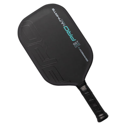 A black Gearbox Pro Ultimate 16mm pickleball paddle with "PRO Ultimate" and "GEARBOX" text on the surface, featuring a textured grip on the handle.