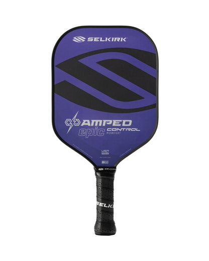 A Selkirk AMPED Control Epic 16mm pickleball paddle in blue and black with a textured grip.