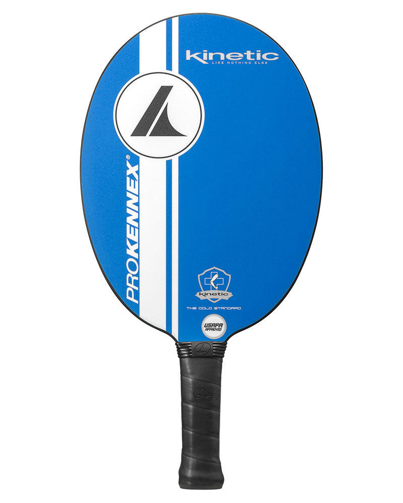 A high-performance ProKennex Kinetic Ovation Speed Pickleball Paddle in blue and white on a white background.
