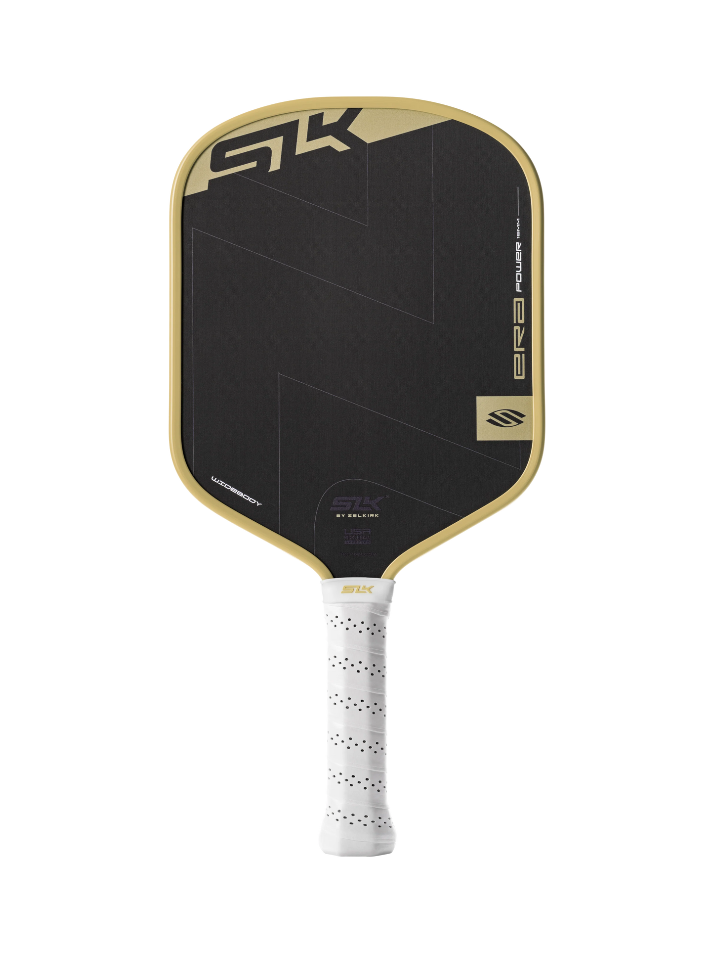 The Selkirk SLK ERA Power Widebody Carbon Fiber Pickleball Paddle features a black carbon fiber face with gold trim, a white perforated handle, “SK” branding at the top, and a power widebody design for superior performance.