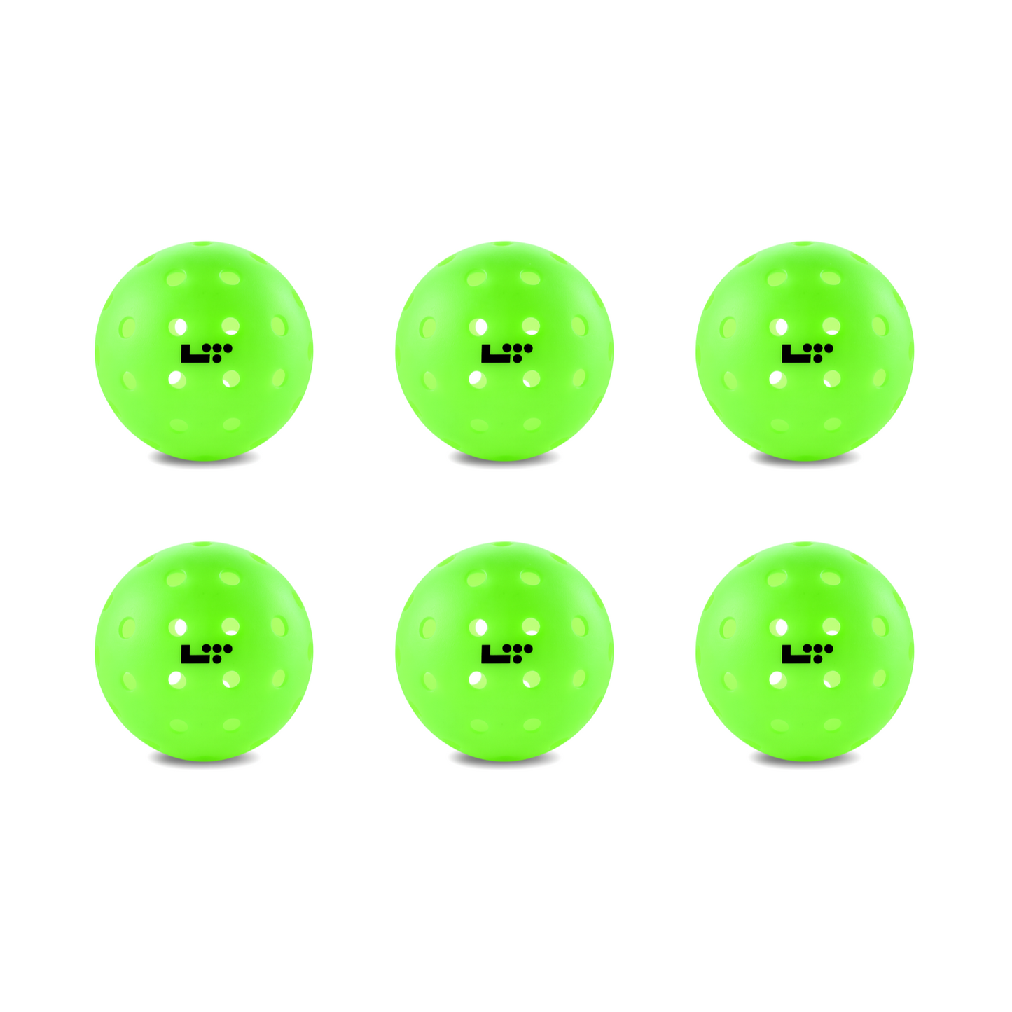 Life Time LT Pro 48 Pickleball Balls by Life Time: Set of six bright green, perforated balls in two rows of three, each featuring a black “L L” logo.