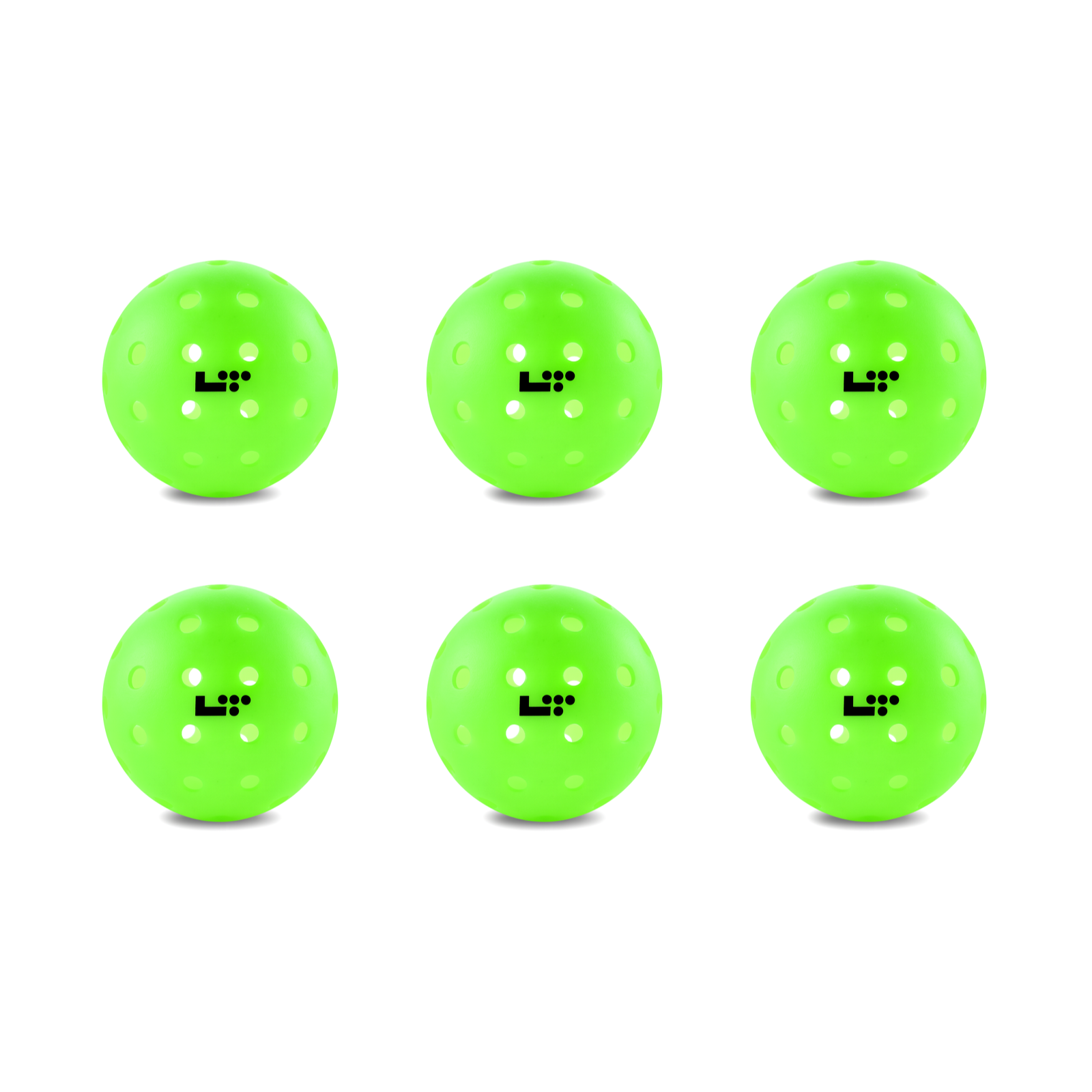Life Time LT Pro 48 Pickleball Balls by Life Time: Set of six bright green, perforated balls in two rows of three, each featuring a black “L L” logo.