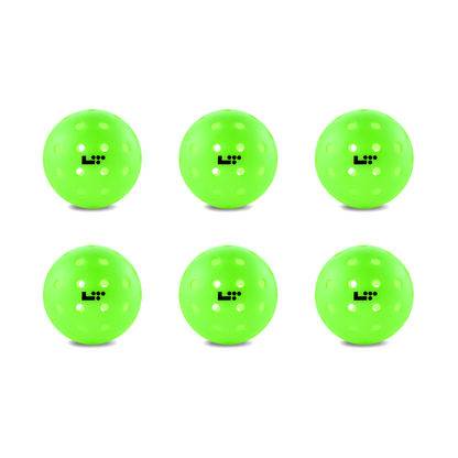 Life Time LT Pro 48 Pickleball Balls by Life Time: Set of six bright green, perforated balls in two rows of three, each featuring a black “L L” logo.