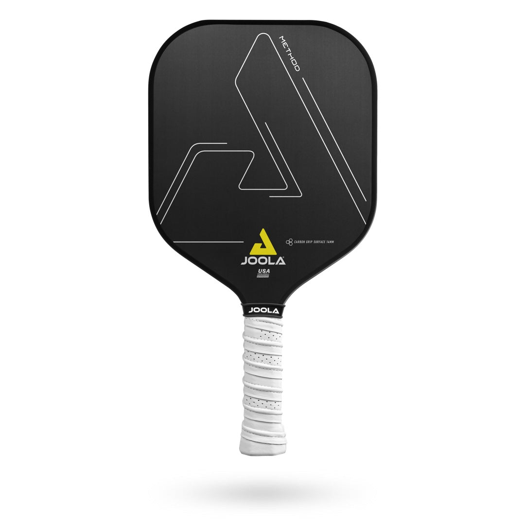 JOOLA Method CGS 14 Pickleball Paddle with geometric design, white grip, honeycomb polymer core, and yellow triangle logo near the center.