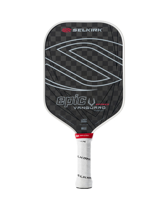 Selkirk Vanguard Pro Epic pickleball paddle with a black checkered face, white trim, and a white grip.