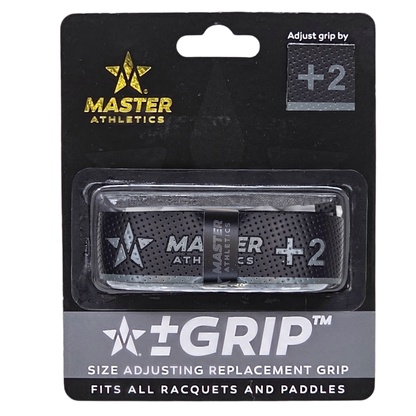 Master Athletics +-Grip™ Size Adjusting Replacement Grip packaging reads: "+Grip," "Adjust grip by +2," and "Fits all racquets and paddles.