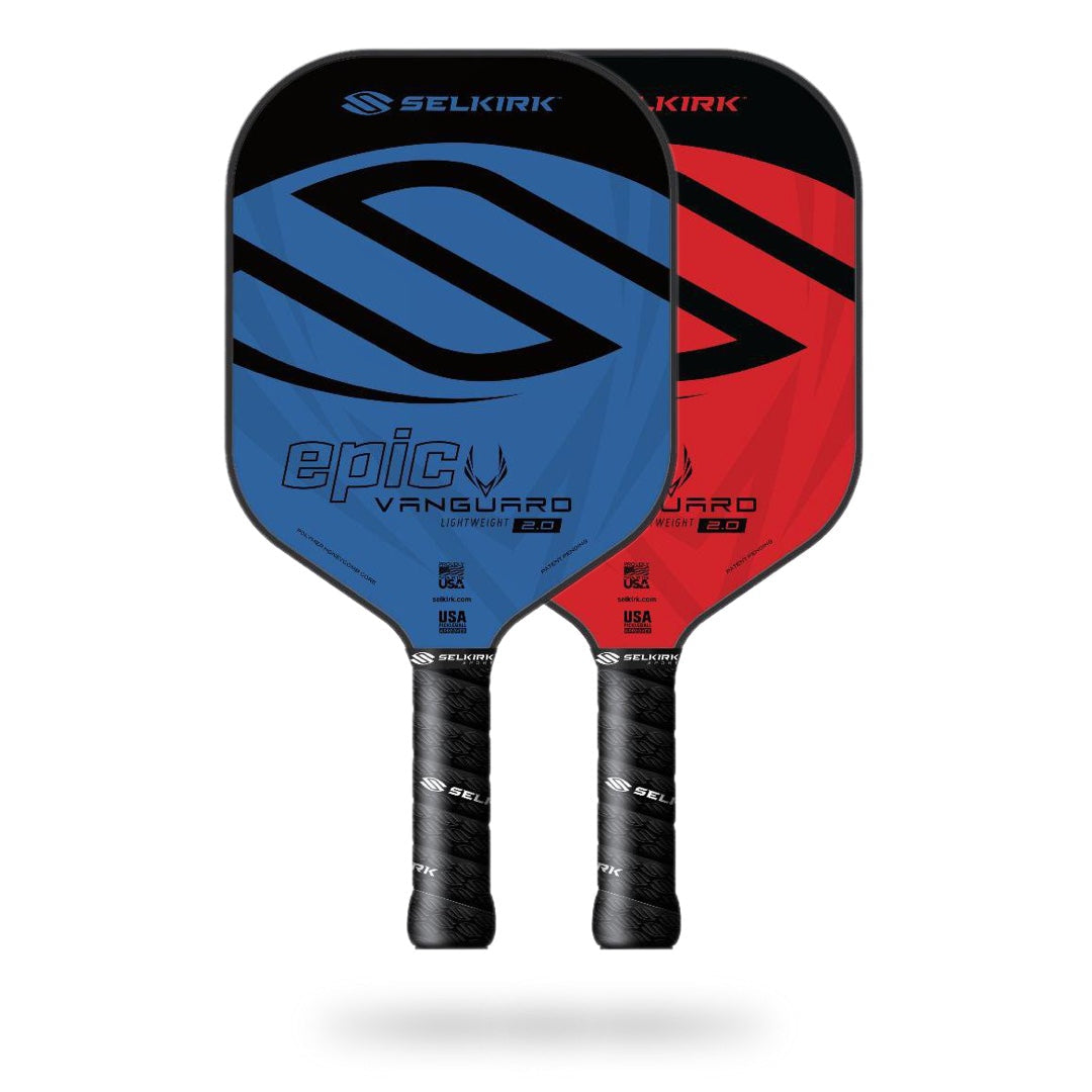 A pair of Selkirk Vanguard Epic Pickleball Paddles with a red and blue design.