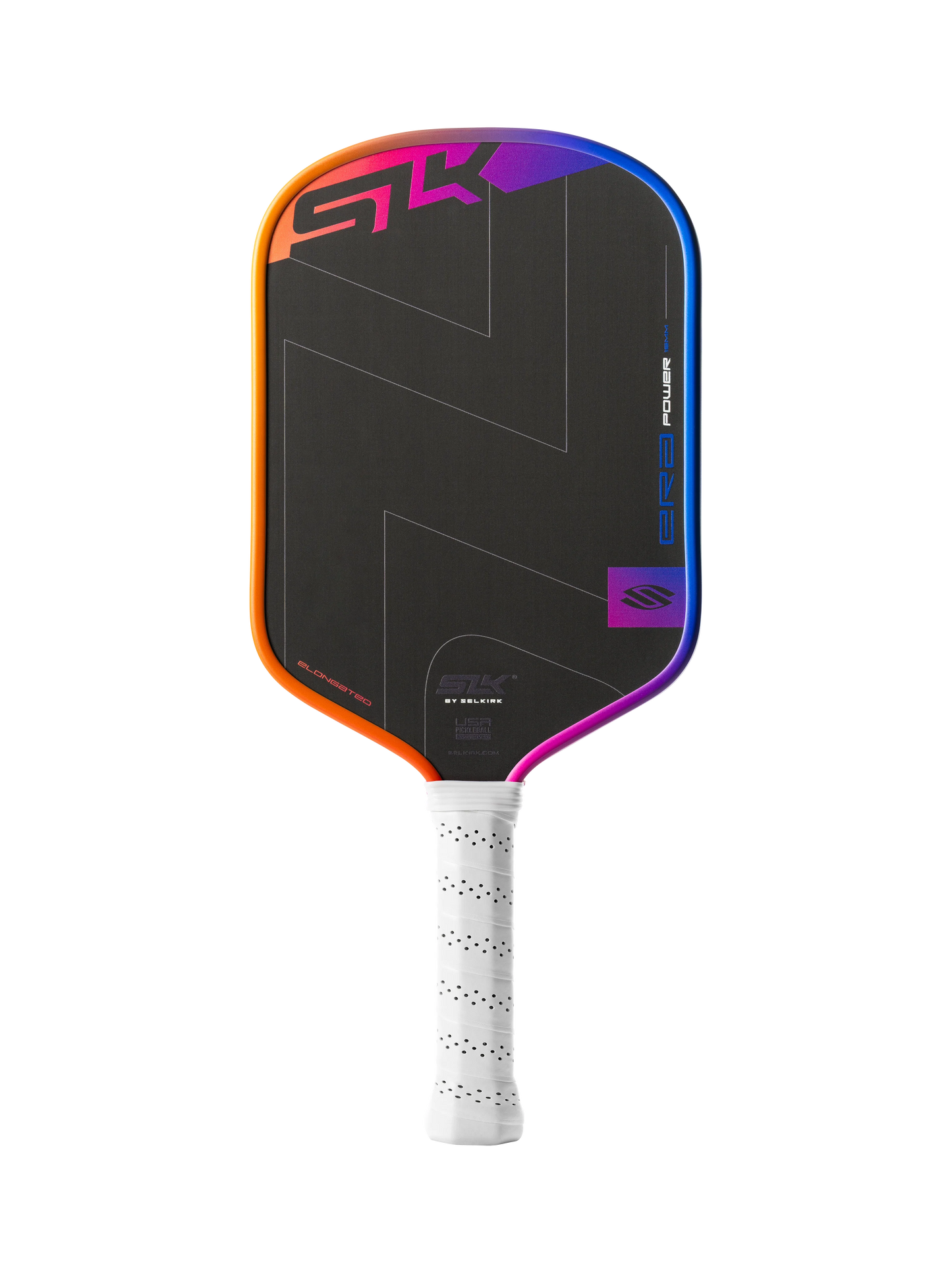 The Selkirk SLK ERA Power Elongated Carbon Fiber Pickleball Paddle features a black face, white perforated grip, and a vibrant orange, pink, blue, and purple border.