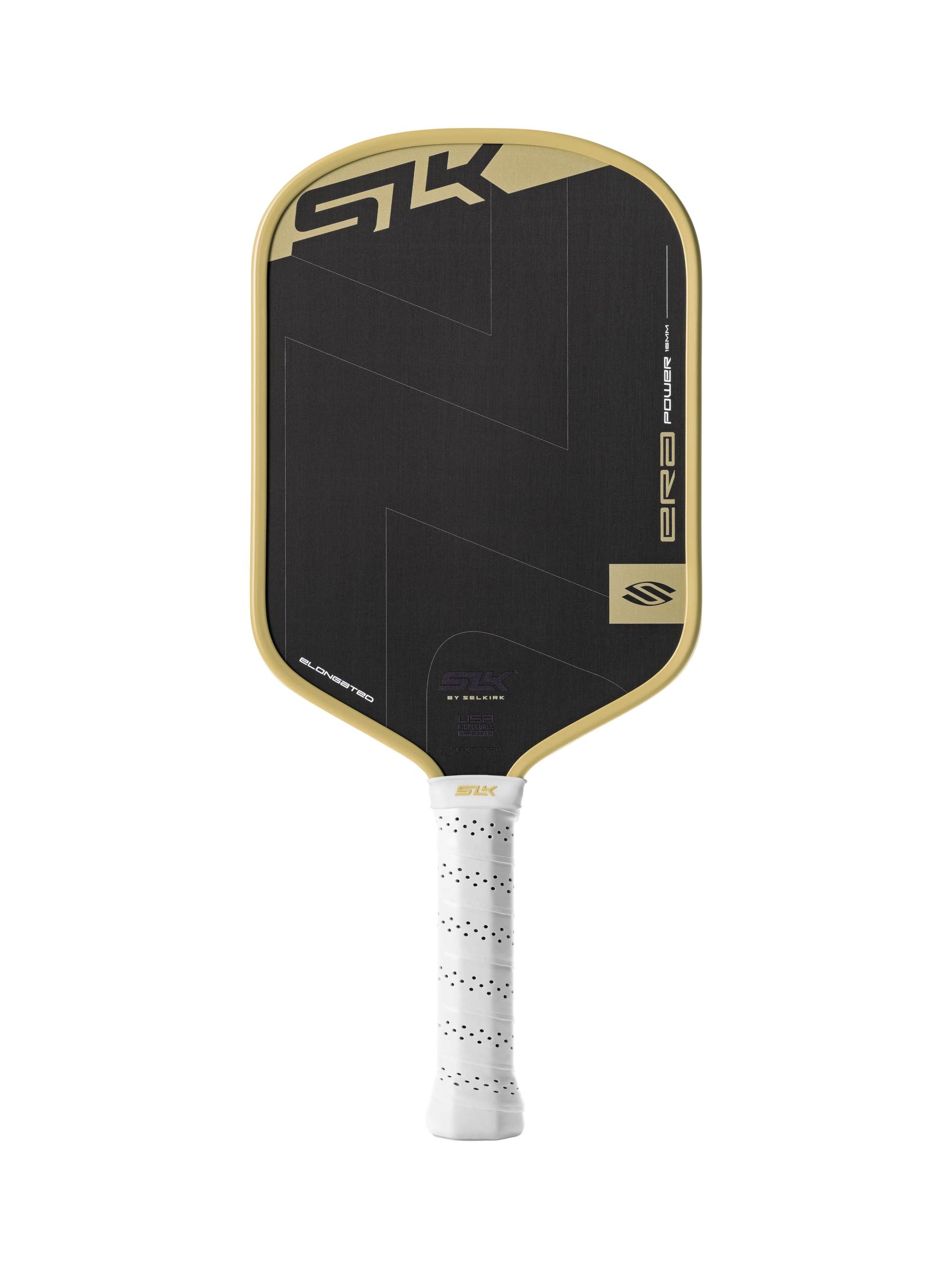 The Selkirk SLK ERA Power Elongated Carbon Fiber Pickleball Paddle features a black design with gold trim, a white grip, and the Selkirk name on the face—crafted from carbon fiber for enhanced spin and control.