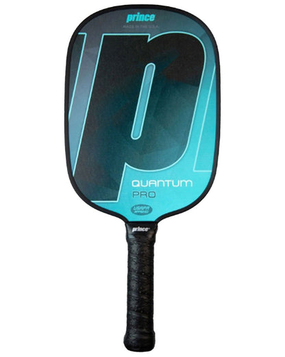 The blue and black Prince Quantum Pro Pickleball Paddle features a textured grip handle and extra handle length, enhanced by Progressive Core Technology for superior performance.