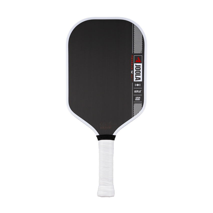 The JOOLA Ben Johns Perseus Pro 4 IV 14mm Pickleball Paddle is black with a white edge and grip, featuring logos and text on the upper right side.