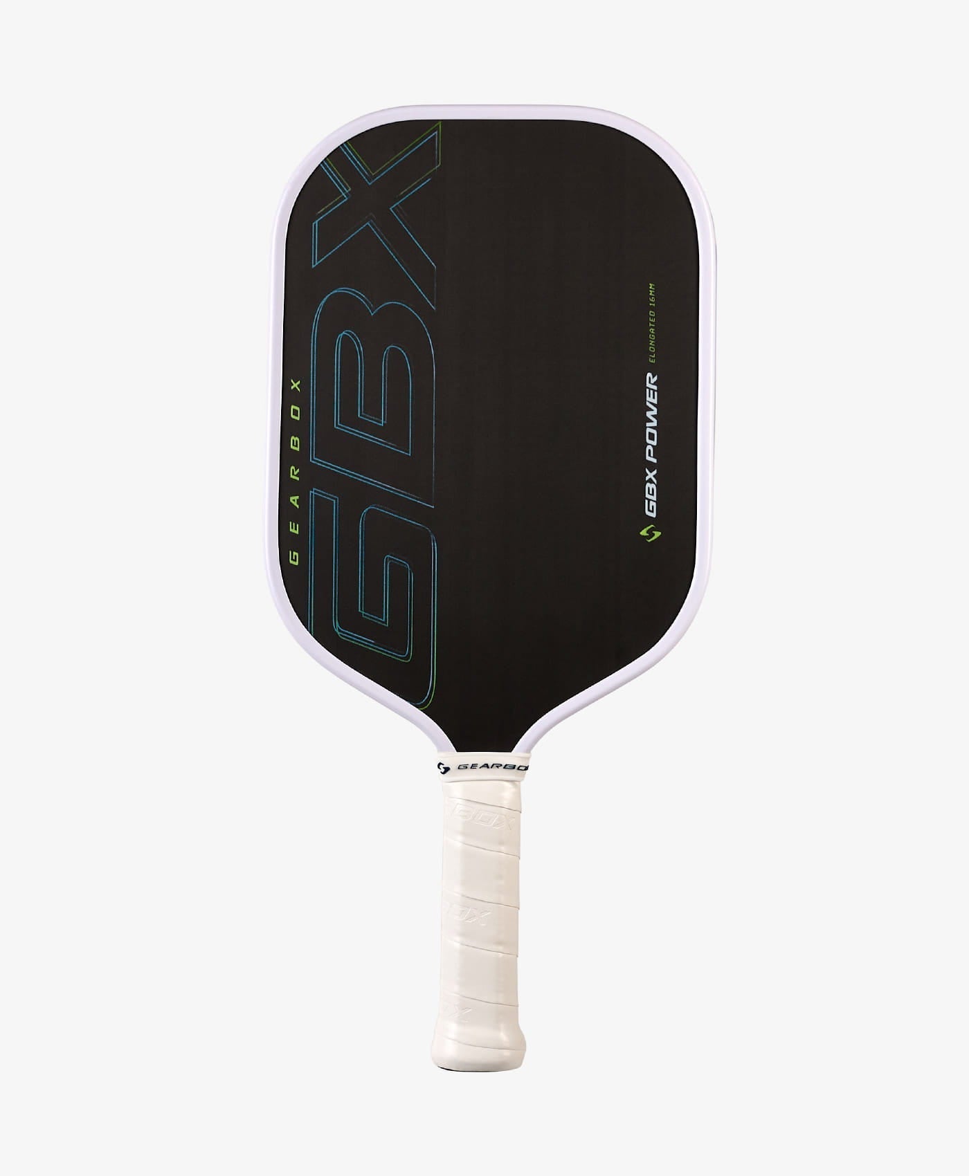 The Gearbox Sports GBX Power Elongated - 16mm Gen-3 Honeycomb pickleball paddle features a black and white carbon fiber face with "GBX" and "Gearbox" branding, an extended reach design, and a white grip handle.