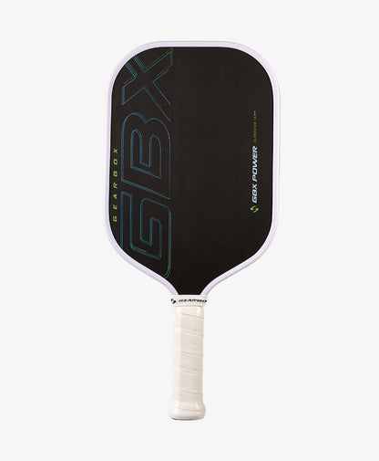 The Gearbox Sports GBX Power Elongated - 16mm Gen-3 Honeycomb pickleball paddle features a black and white carbon fiber face with "GBX" and "Gearbox" branding, an extended reach design, and a white grip handle.