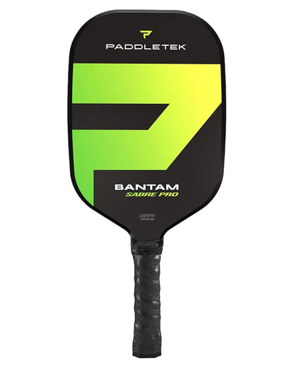 A Pickleballist Bantam Sabre Pro pickleball paddle designed for singles players, featuring a black handle and a bright yellow and green design on the face.