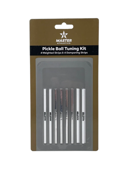 Master Athletics Pickleball Tuning Kit packaging featuring four weighted strips and four dampening strips, displayed against a transparent and brown backdrop by Pickleballist.