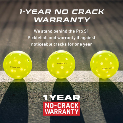 Three Selkirk Pro S1 yellow pickleball balls on a court, overlaid with "1-Year No-Crack Warranty" text.