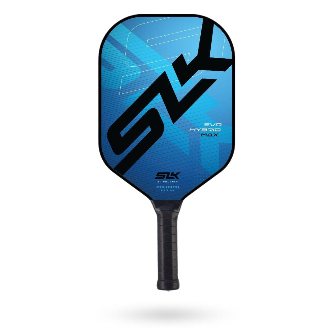 A Selkirk SLK Evo Hybrid Max Pickleball Paddle with the word stk on it featuring a SLK Ultra-Comfort Grip.