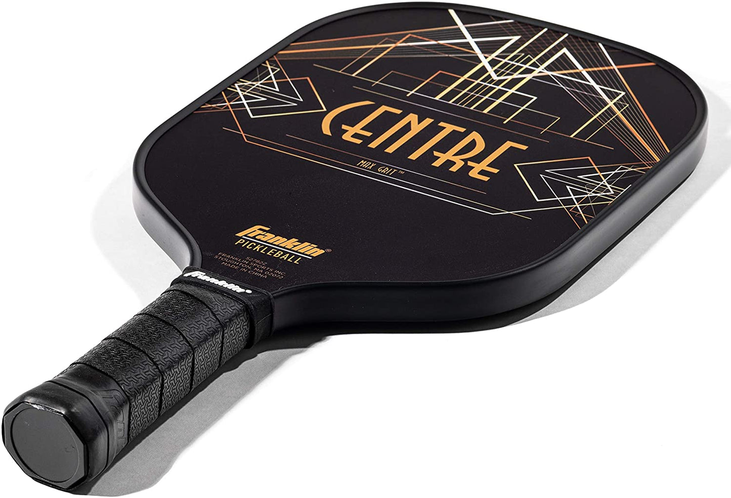A Franklin Aspen Kern Centre Carbon Fiber Pickleball Paddle, a USAPA approved black paddle with an art deco design on it, engineered for maximum spin rate and featuring the cutting-edge technology of MaxGrit.