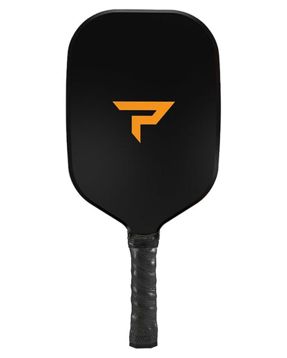 A black Paddletek Bantam Sabre Pro pickleball paddle with an orange Pickleballist logo on the center isolated on a white background.