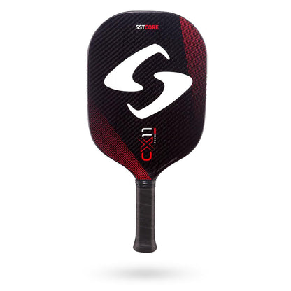 Paddle with a black and red design, featuring the SSTcore logo and CX11 Quad Control text on the face, as well as a wrapped handle for added grip. The Gearbox CX11 Quad Pickleball Paddle by Gearbox provides a larger sweet spot for enhanced performance.