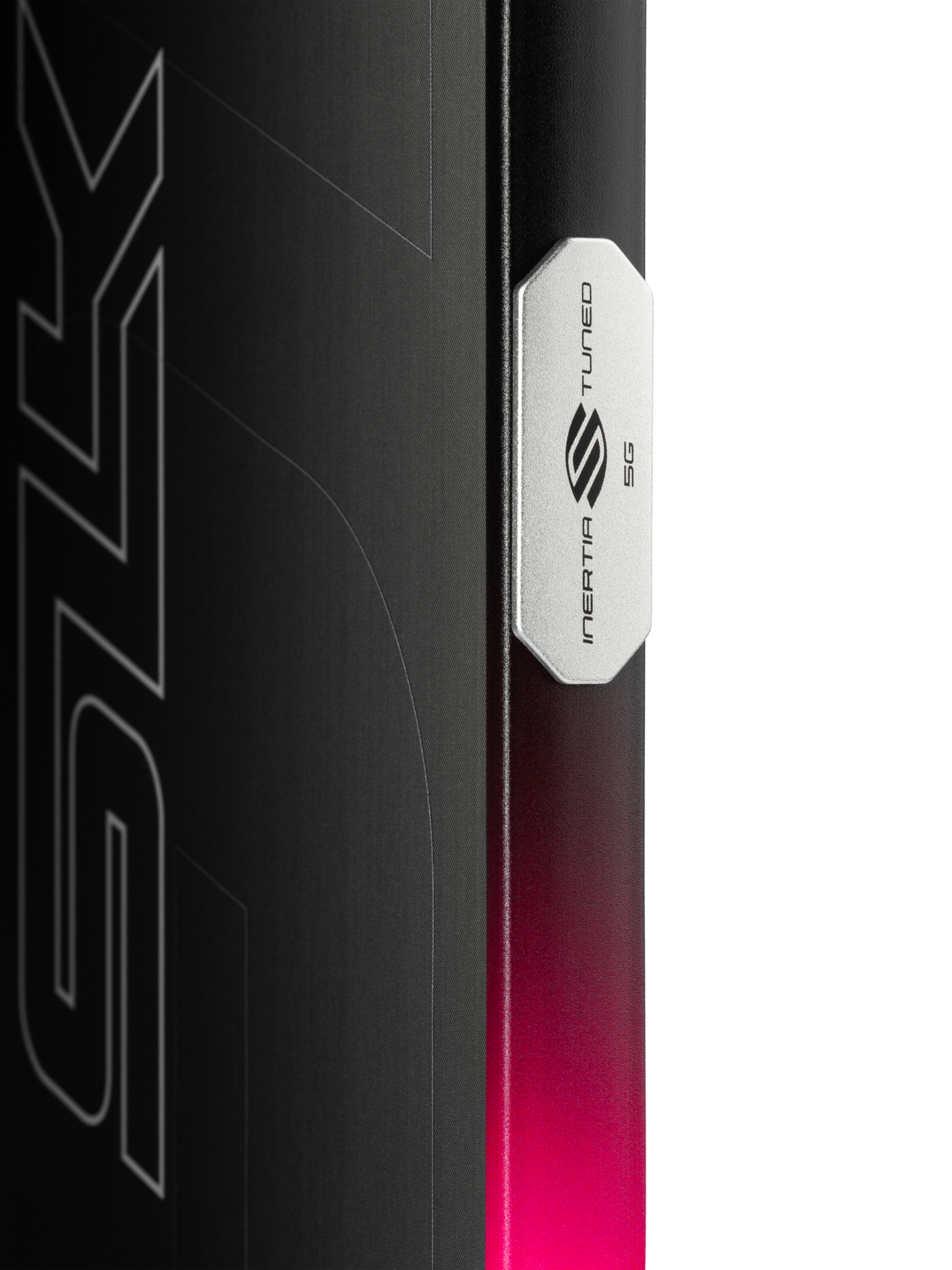 Close-up of the Selkirk SLK GEO Widebody 14mm Pickleball Paddle in black with metallic accents, a silver badge, and a gradient pink lighting effect along the bottom edge.