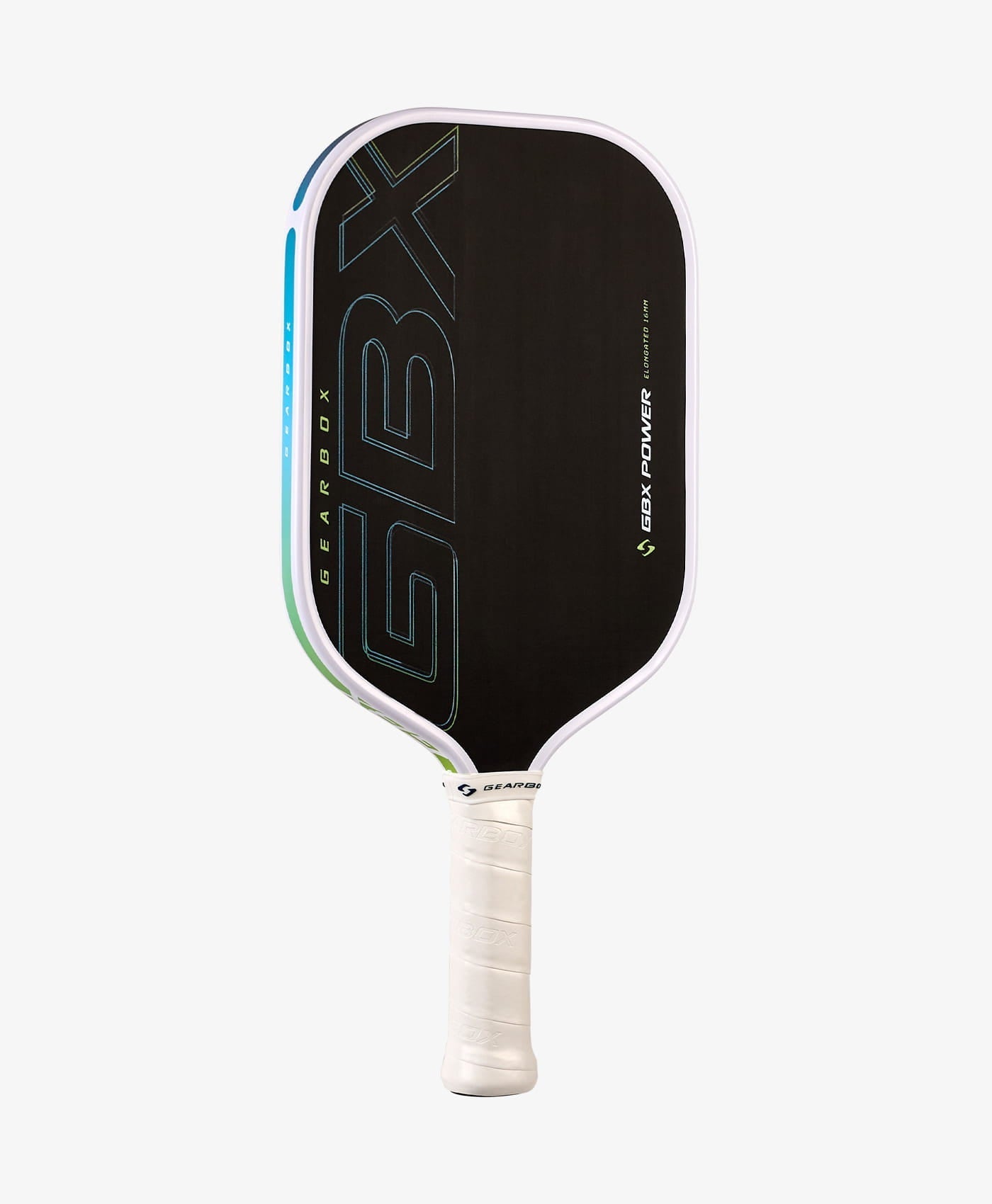 The Gearbox Sports GBX Power Elongated - 16mm Gen-3 Honeycomb paddle is black with white edges, a white handle, and "GBX" boldly printed on its carbon fiber face for extended reach and power.