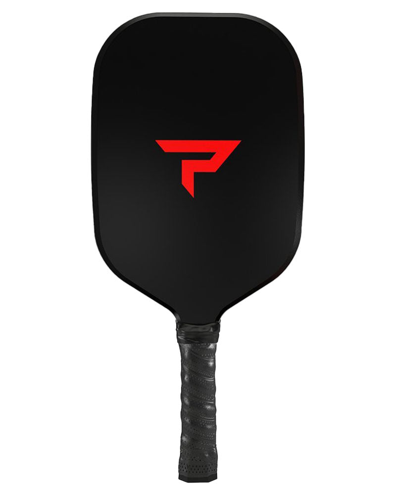 A black and red Paddletek Bantam Sabre Pro Pickleball Paddle with the letter p on it, perfect for experienced singles players.