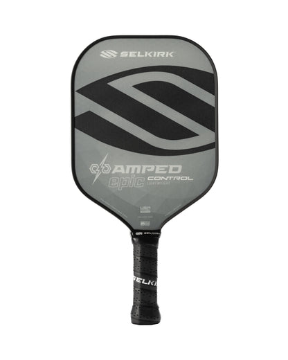 The Selkirk AMPED Control Epic 16mm pickleball paddle features a gray face and black handle, showcasing the Selkirk logo along with its model and specs.