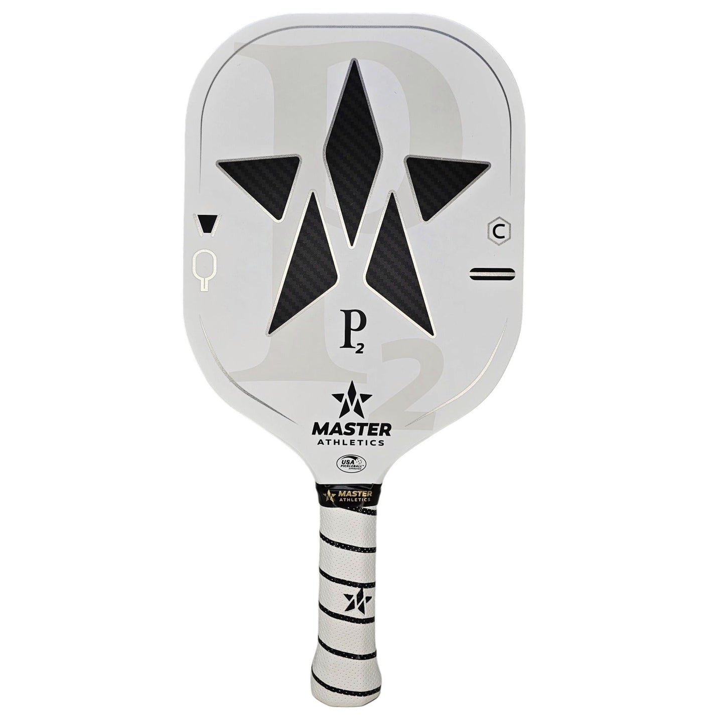 White pickleball paddle featuring a black star design and "Master Athletics P2 V2" text, with a black and white striped handle.