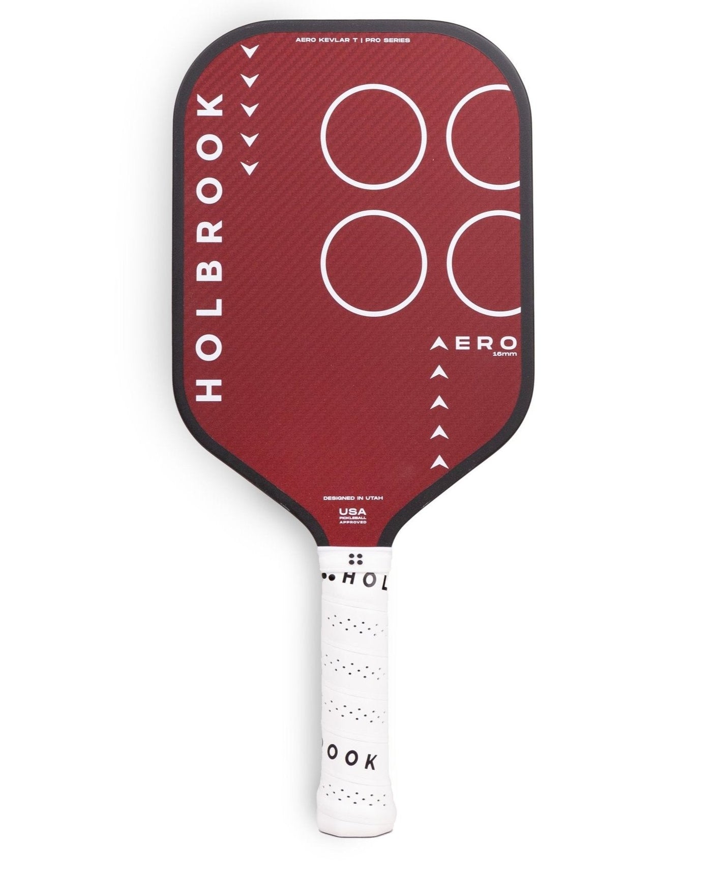 Holbrook Pro - Aero Kevlar T 16mm Pickleball Paddle in red features "Holbrook" branding, white handle, black edges, and three double circle designs with "Aero" text.