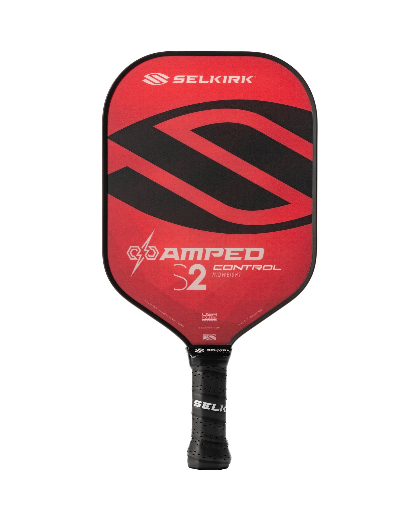 Red and black Selkirk AMPED Control S2 16mm Pickleball Paddle with brand name on the surface.