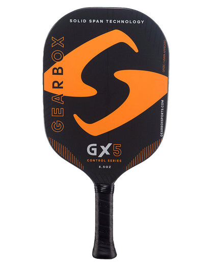 A black and orange Pickleballist GX5 pickleball paddle with "solid span technology" and Control and Power series label, 8.5 oz weight indication.