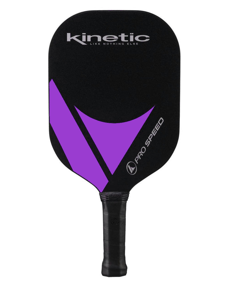 A purple and black paddle with the word ProKennex Kinetic Pro Speed Pickleball Paddle, PROKENNEX.